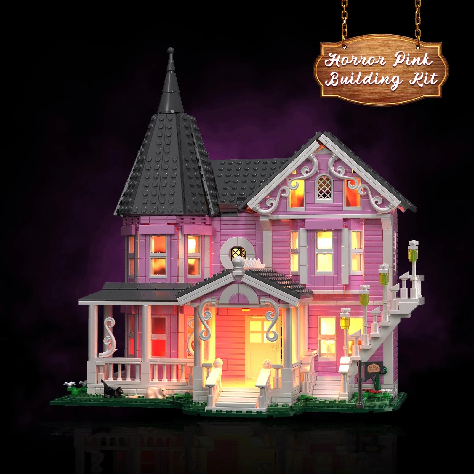 Pink Palace Haunted House building block set with lights, 1349 pieces for kids